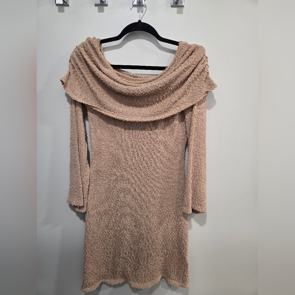 Khaki Textured Knit Sweater Dress Cowl Neck Fitted 3/4 Sleeve Small